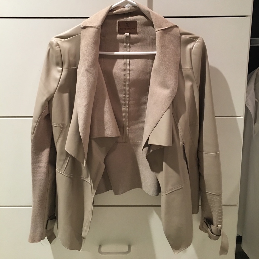 Tan draped leather and fabric jacket.