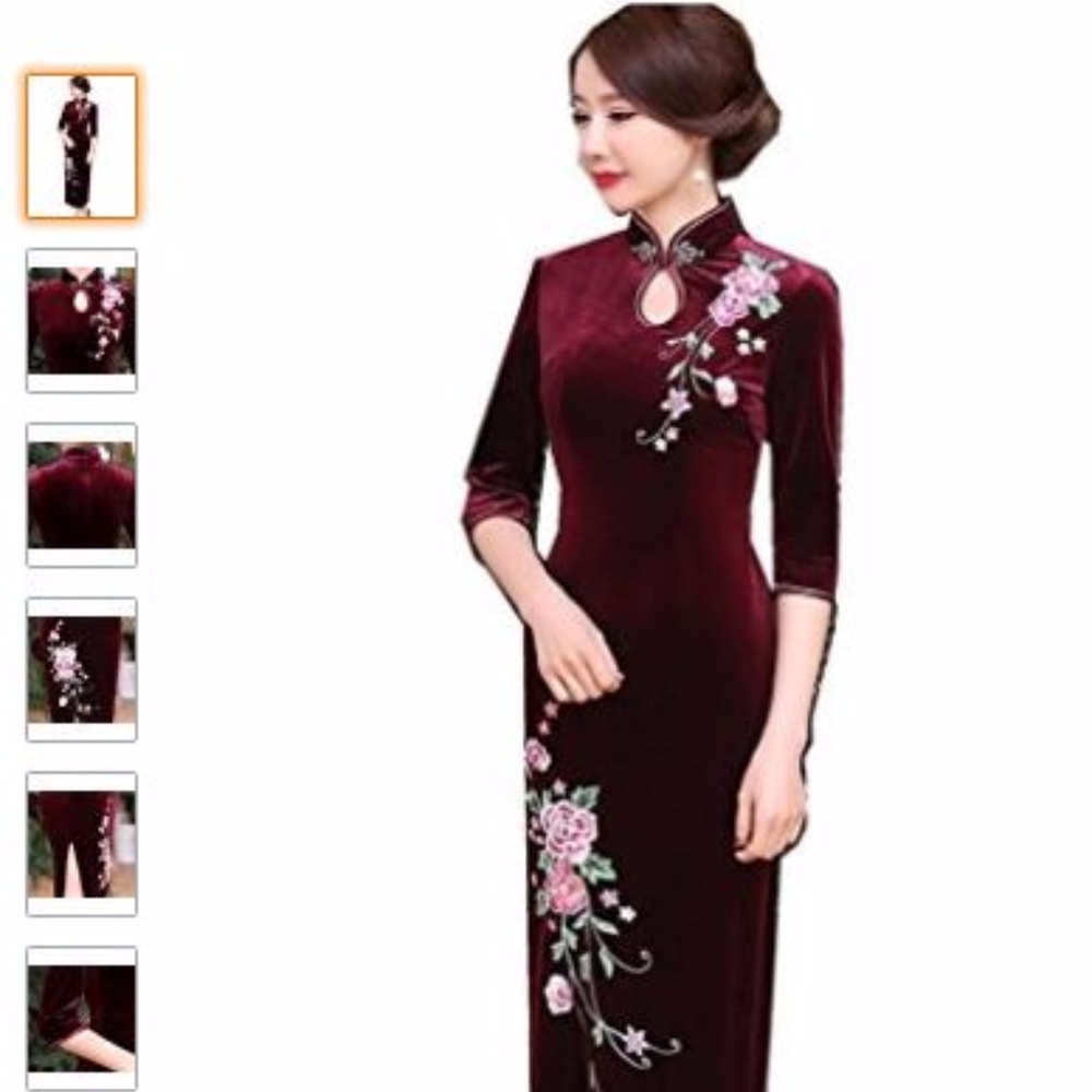BLACKFRISALE Wine Red Velvet Cheongsam Dress