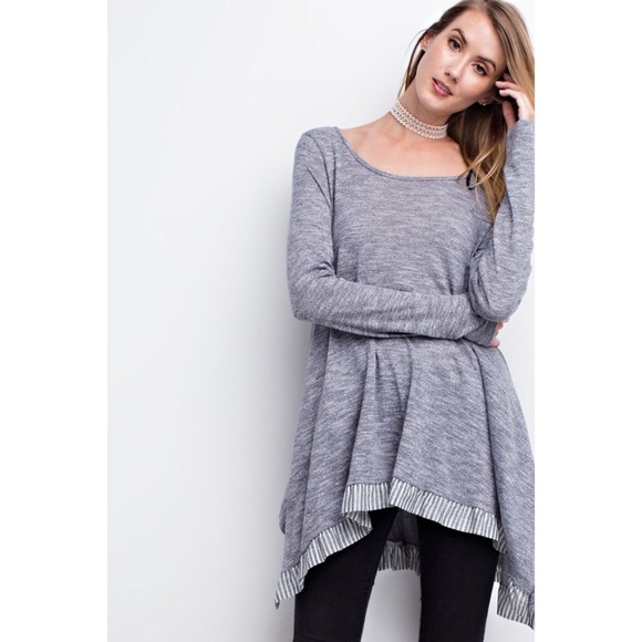 Two Tome Heathered Shark bite Stripe Hem Tunic - Picture 2 of 3