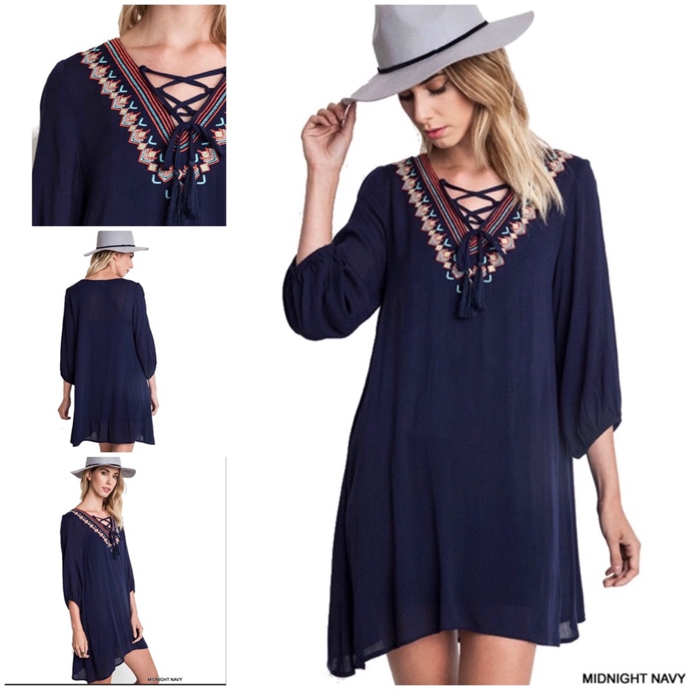 Umgee Bohemian Lace Up Navy Dress