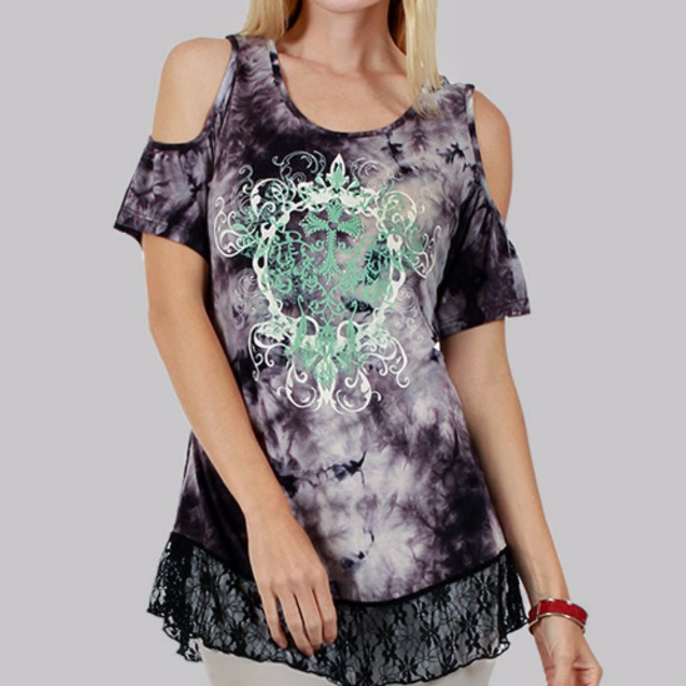 Black Tie-Dye Paisley Off-Shoulder Lace Hem Tunic