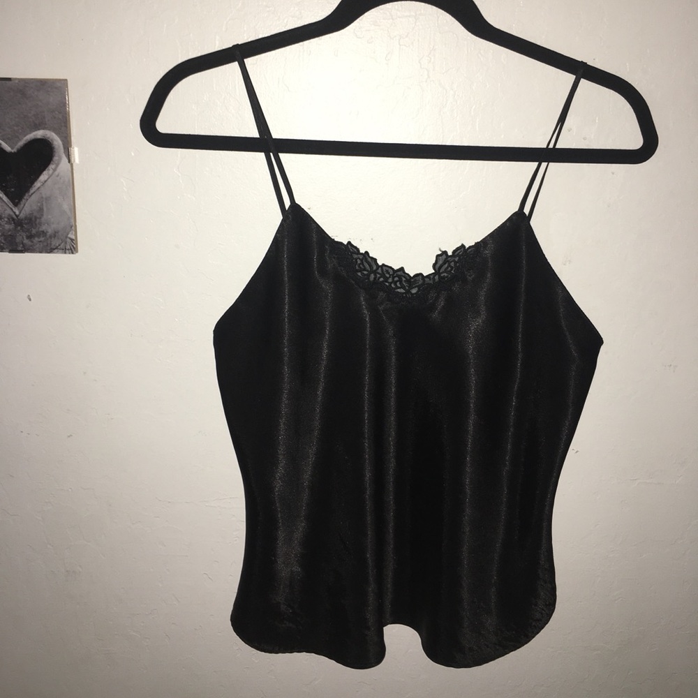 Vintage Minimal Silk and Black Lace Camisole