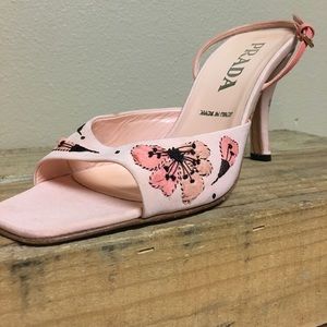 PRADA flower embroidered heels with ankle-strap