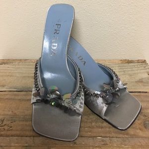 PRADA silver sequin square toed kitten heels