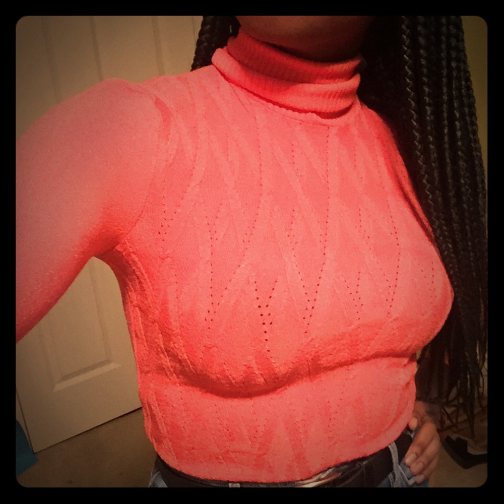 3/4 sleeve coral turtleneck sweater