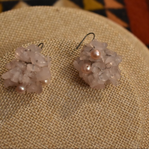 Pink Quartz and Baroque Pearl Cluster Earrings - Picture 2 of 4