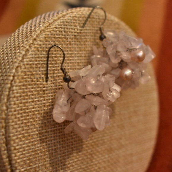 Pink Quartz and Baroque Pearl Cluster Earrings - Picture 3 of 4