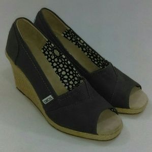 TOMS Gray Canvas Peep Toe Wedge Espadrilles