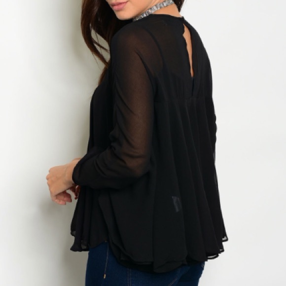 Black Round Neck Sheer ruffle Lightweight Top. - Picture 3 of 3