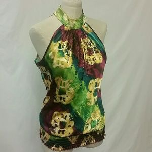 Rainbow festive satin silky blouse elastic waist M