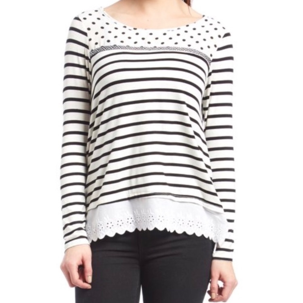 White & Black Stripe Eyelet-Trim Top