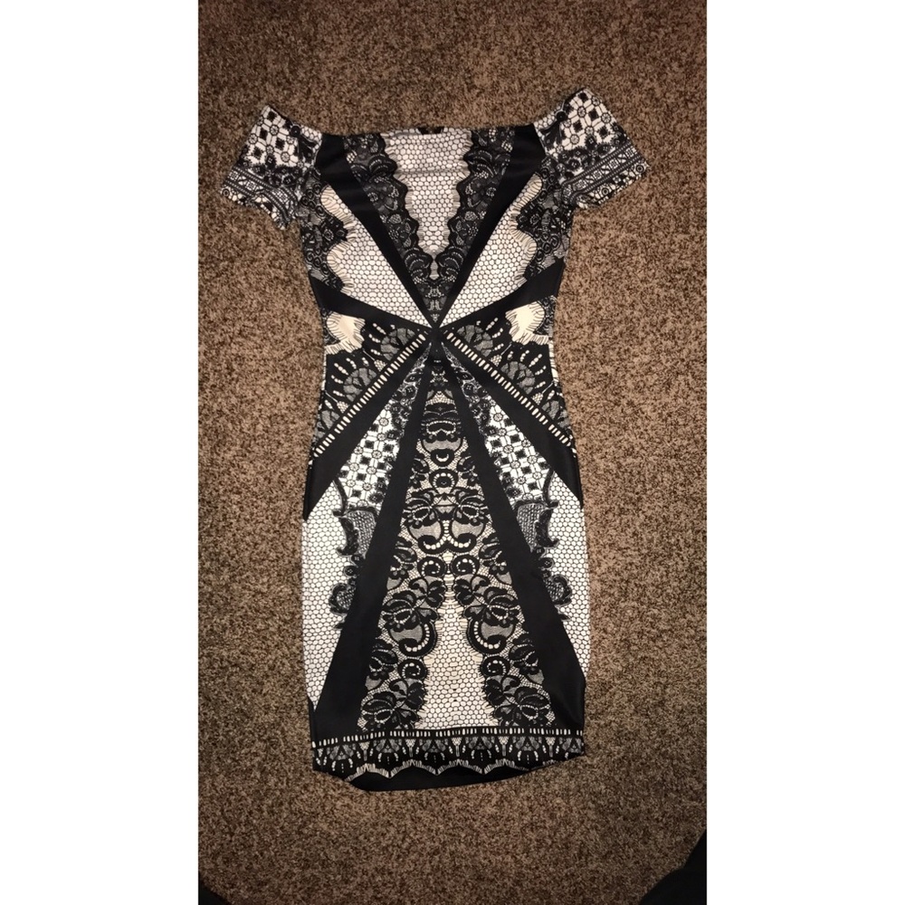 Off the shoulder black and white print dress