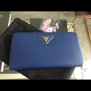 PRADA Continental Saffiano Leather Wallet in blue