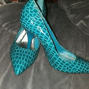 Turquoise alligator print dollhouse heels