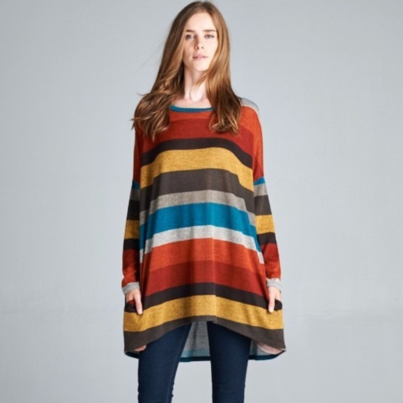 PLUS--RESTOCKED!! Striped Hacci High/Low Tunic Top - Picture 2 of 6