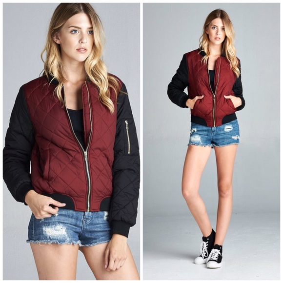 Burgundy Contrast Bomber Jacket - Picture 2 of 3