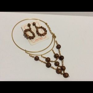 Vintage 60's Olive Wood Necklace & Earring Set