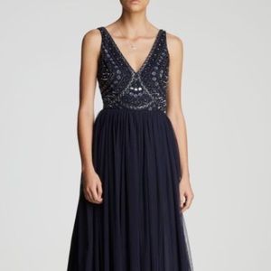 Aidan Mattox Navy Embellished V-Neck Gown