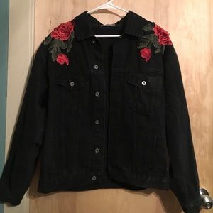 Oversized CARMAR Black Rose Appliqué Denim Jacket