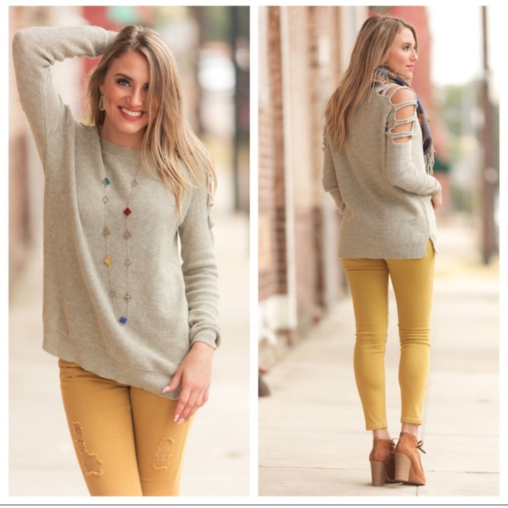 Cut Out Shoulder Sweater in Oatmeal - Picture 2 of 5