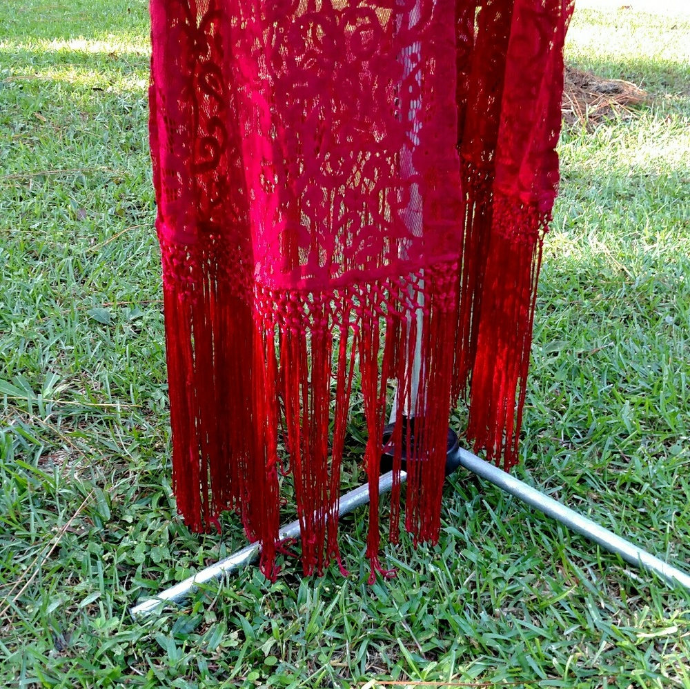 Rust-red long fringe kimono cardigan