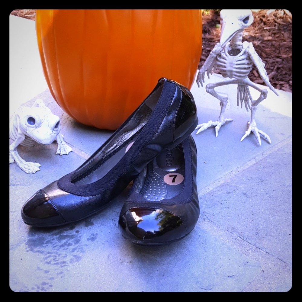 black patent cap toe ballet flats slides