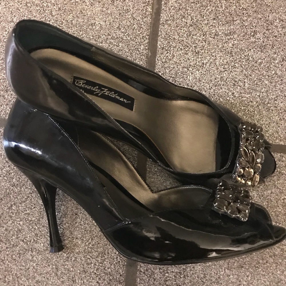 Beverly Feldman Black Patent Peep-toe Heels