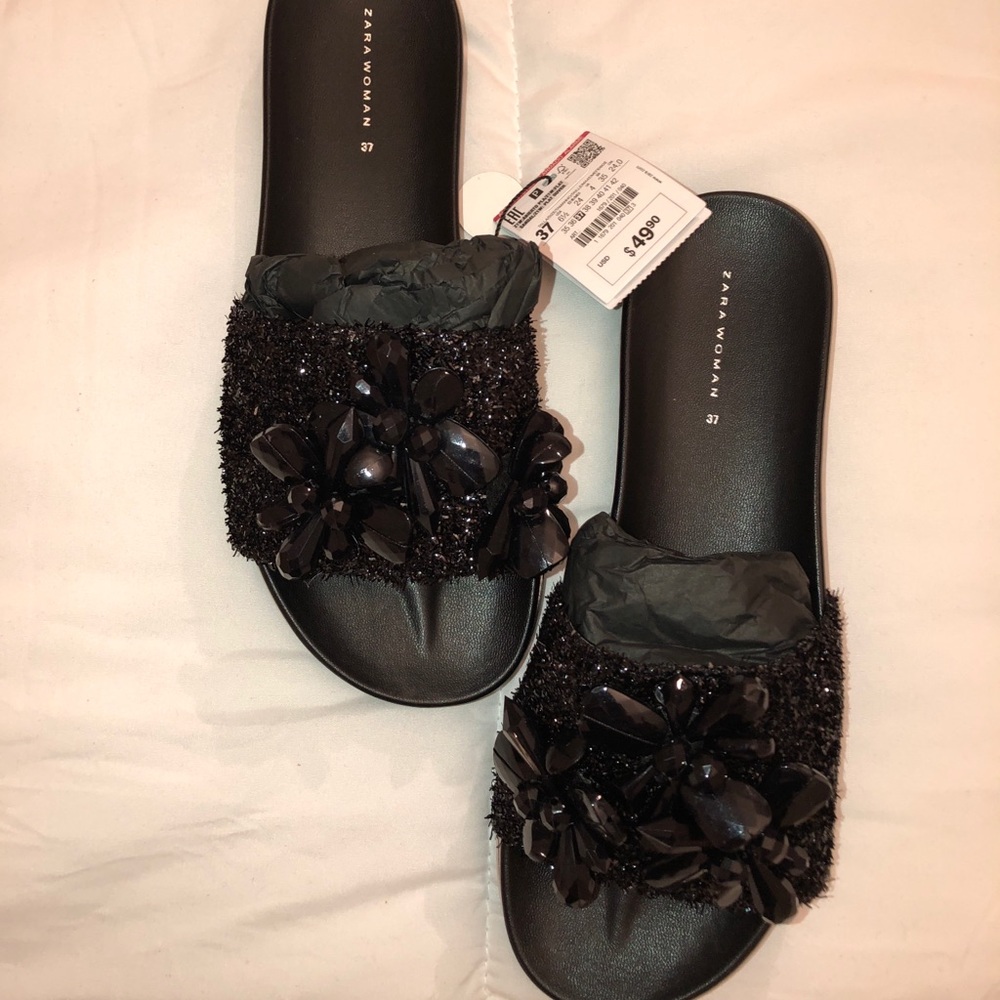 Zara Black Gem Slides Sandals