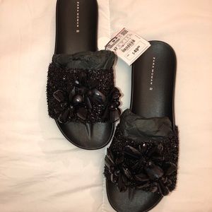 Zara Black Gem Slides Sandals