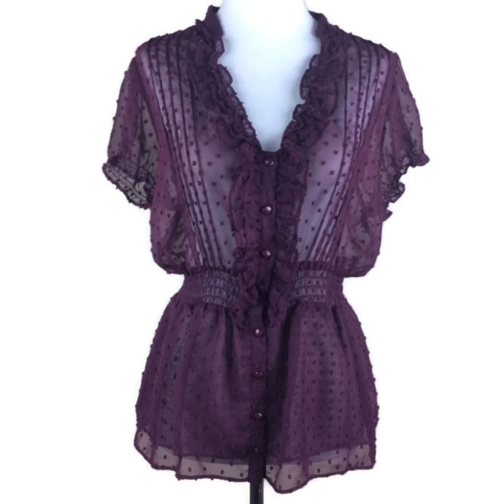 Guess Plum Chiffon Button Down Blouse with Ruffles - Picture 1 of 8
