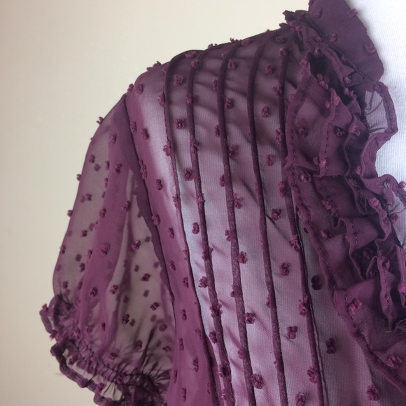 Guess Plum Chiffon Button Down Blouse with Ruffles - Picture 2 of 8