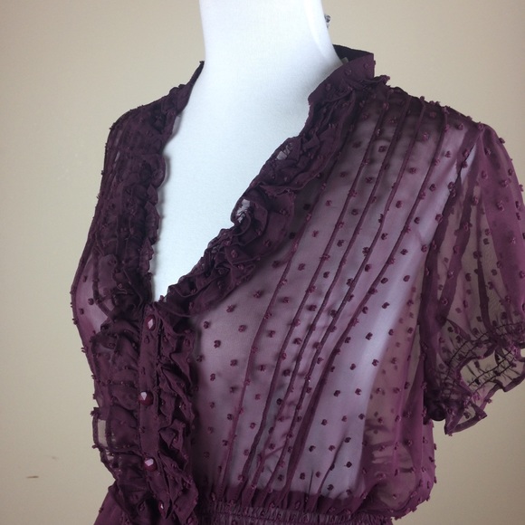 Guess Plum Chiffon Button Down Blouse with Ruffles - Picture 3 of 8