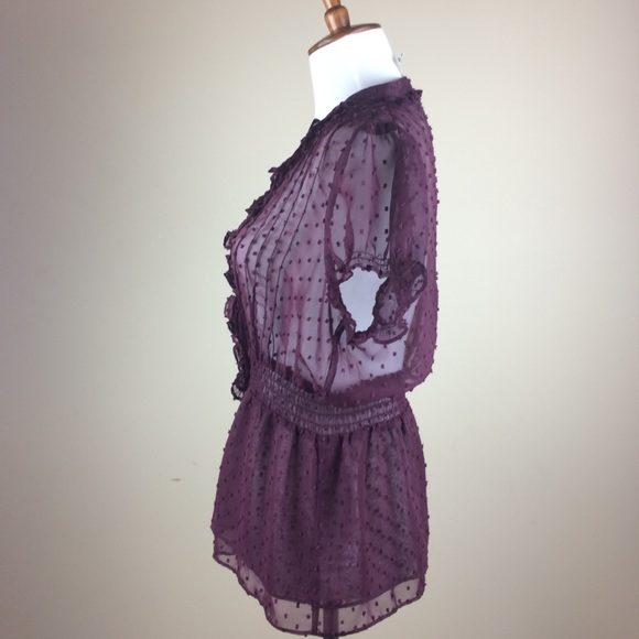 Guess Plum Chiffon Button Down Blouse with Ruffles - Picture 4 of 8