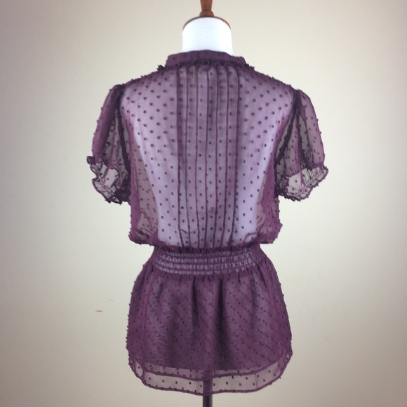 Guess Plum Chiffon Button Down Blouse with Ruffles - Picture 5 of 8