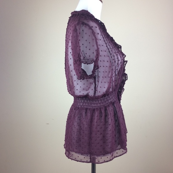 Guess Plum Chiffon Button Down Blouse with Ruffles - Picture 6 of 8