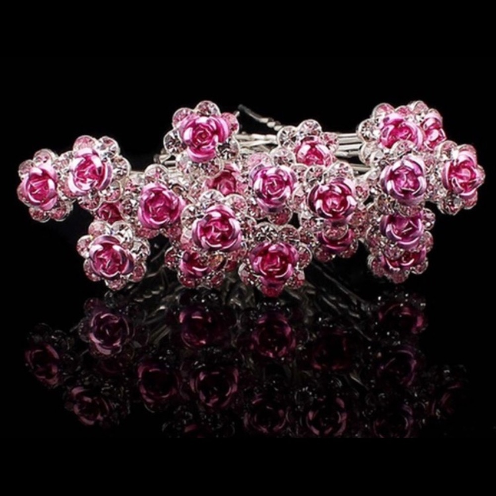 🌹 Set of 10 Beautiful pink rose floral flower metallic hair rhinestone pins