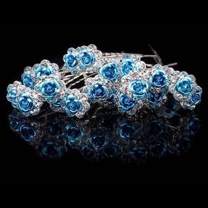 🌹 Set of 10 Beautiful blue floral flower metallic hair rhinestone pins