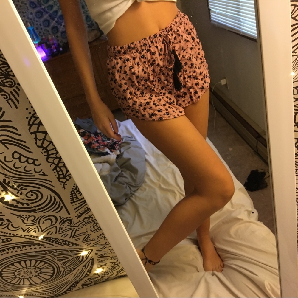 black and light pink flower shorts