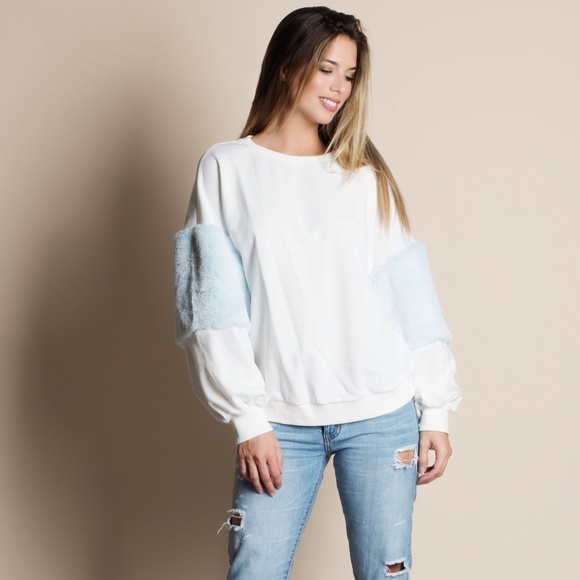 Balloon Sleeve Fur Accent Sweater CHARCOAL - Picture 2 of 5