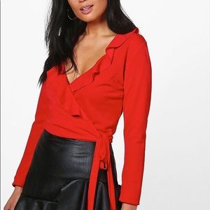 Red ruffle wrap top