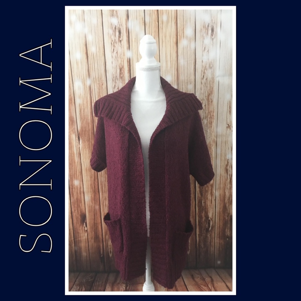 Short sleeve cardigan maroon pockets