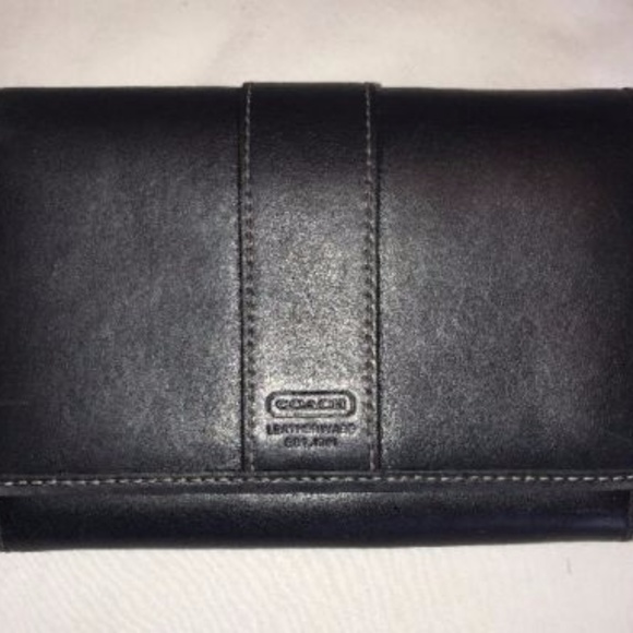 Coach Handbags - COACH Black Leather Wallet White Stitch Excellent