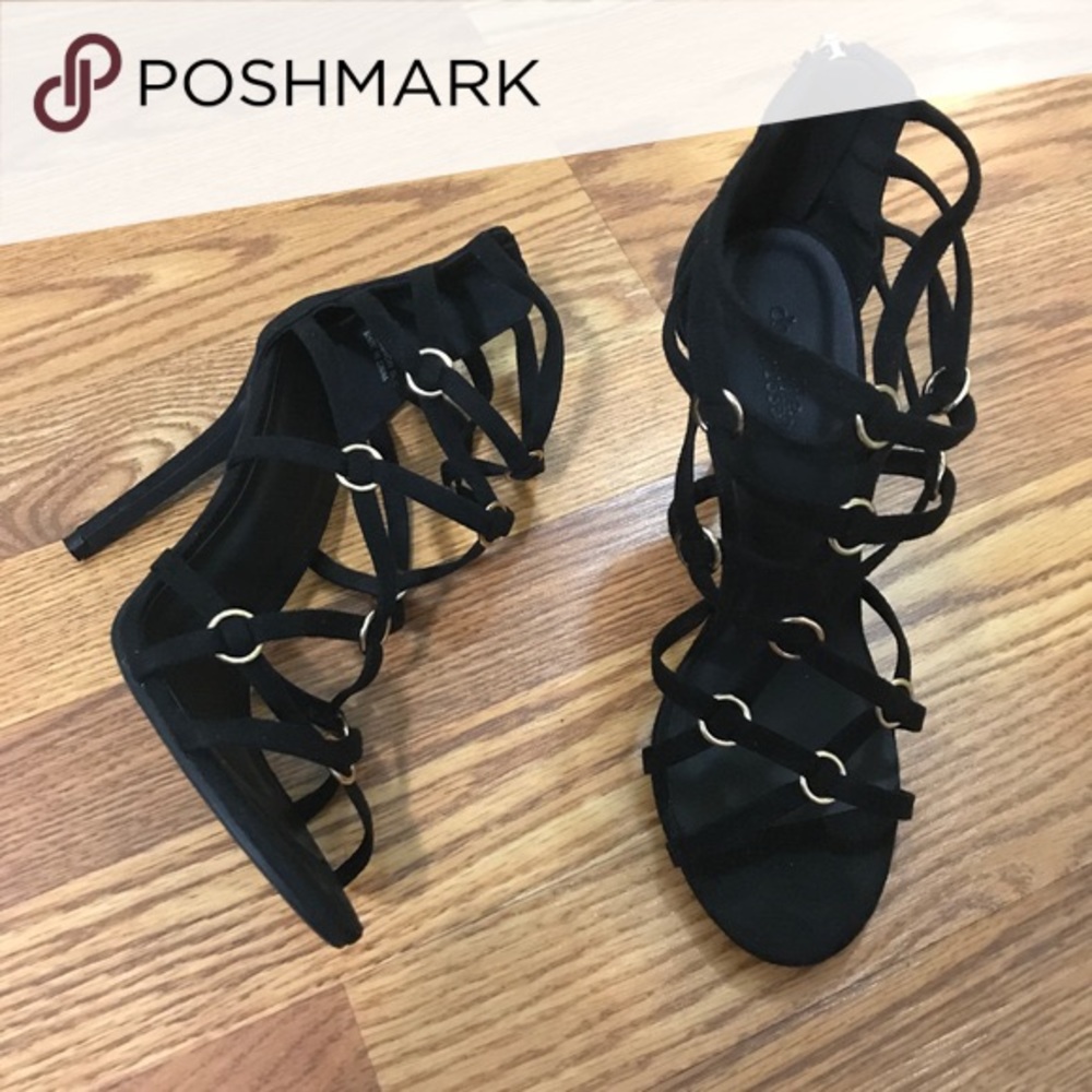 Black Strappy Heels with Gold Accents