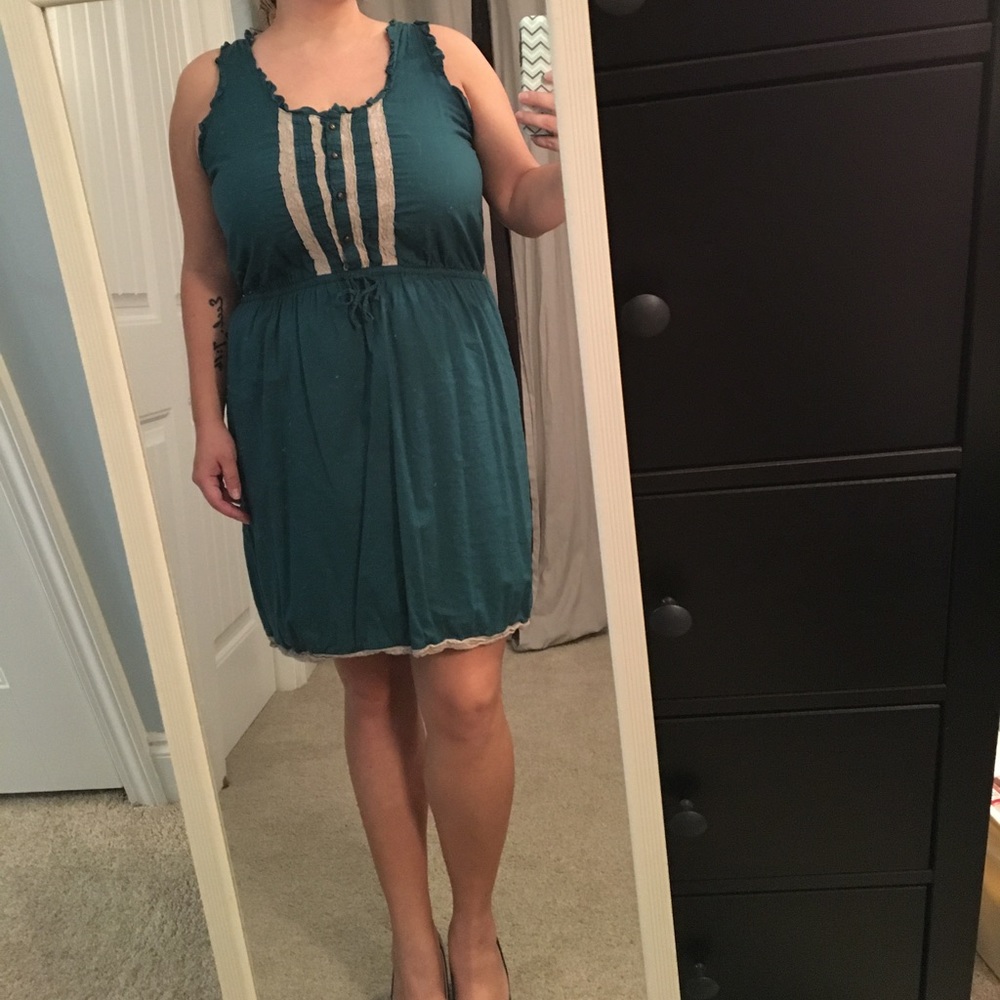 Green Dress with Cream Lace Front