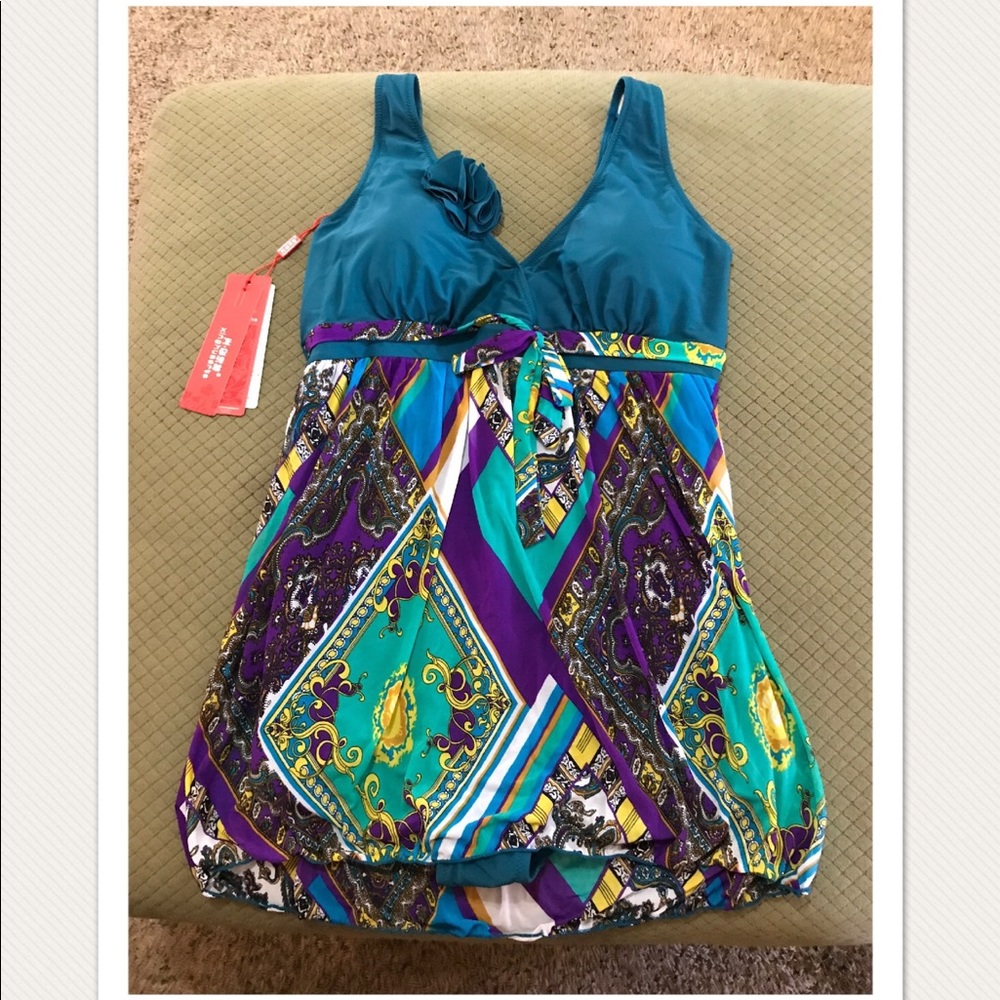 Teal, purple, gold, and green swimsuit