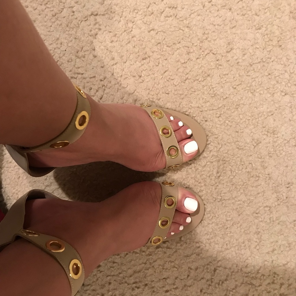Cario Nude High Polish Metal  Open Toe Heels