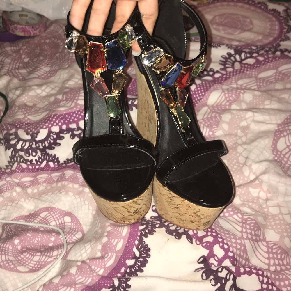Cork platform wedges with jewels on the front