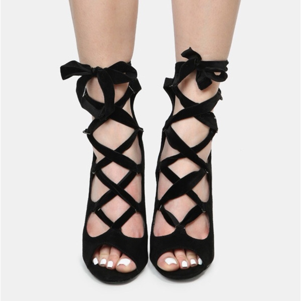 Black Peep Toe Ankle Lace Up Single Sole Heels