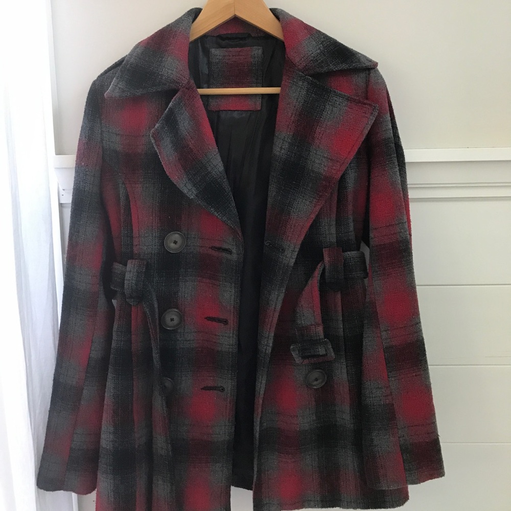 Red and grey plaid pea coat