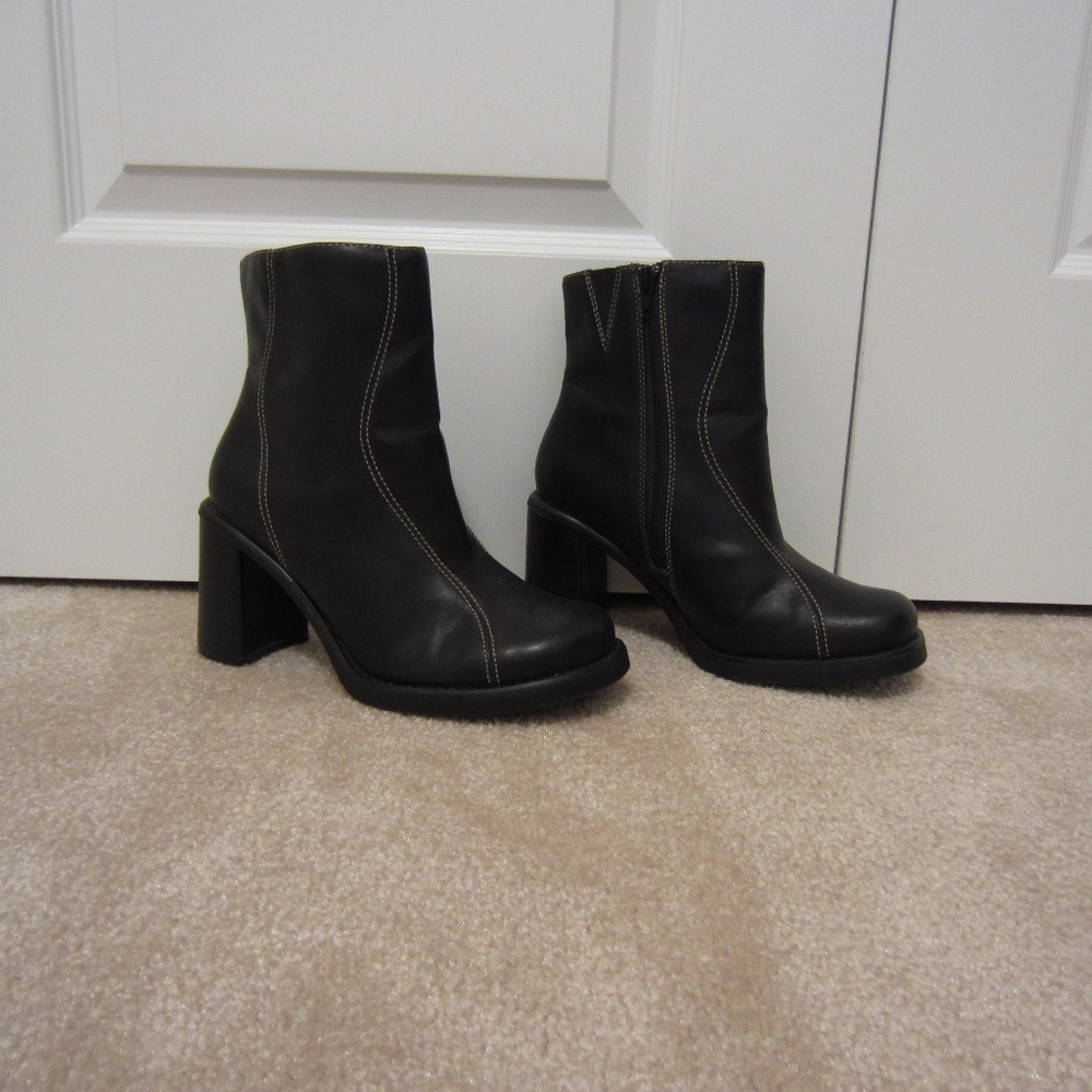 Black Faux Leather Ankle Boots Size 7 1/2, 3" Heel